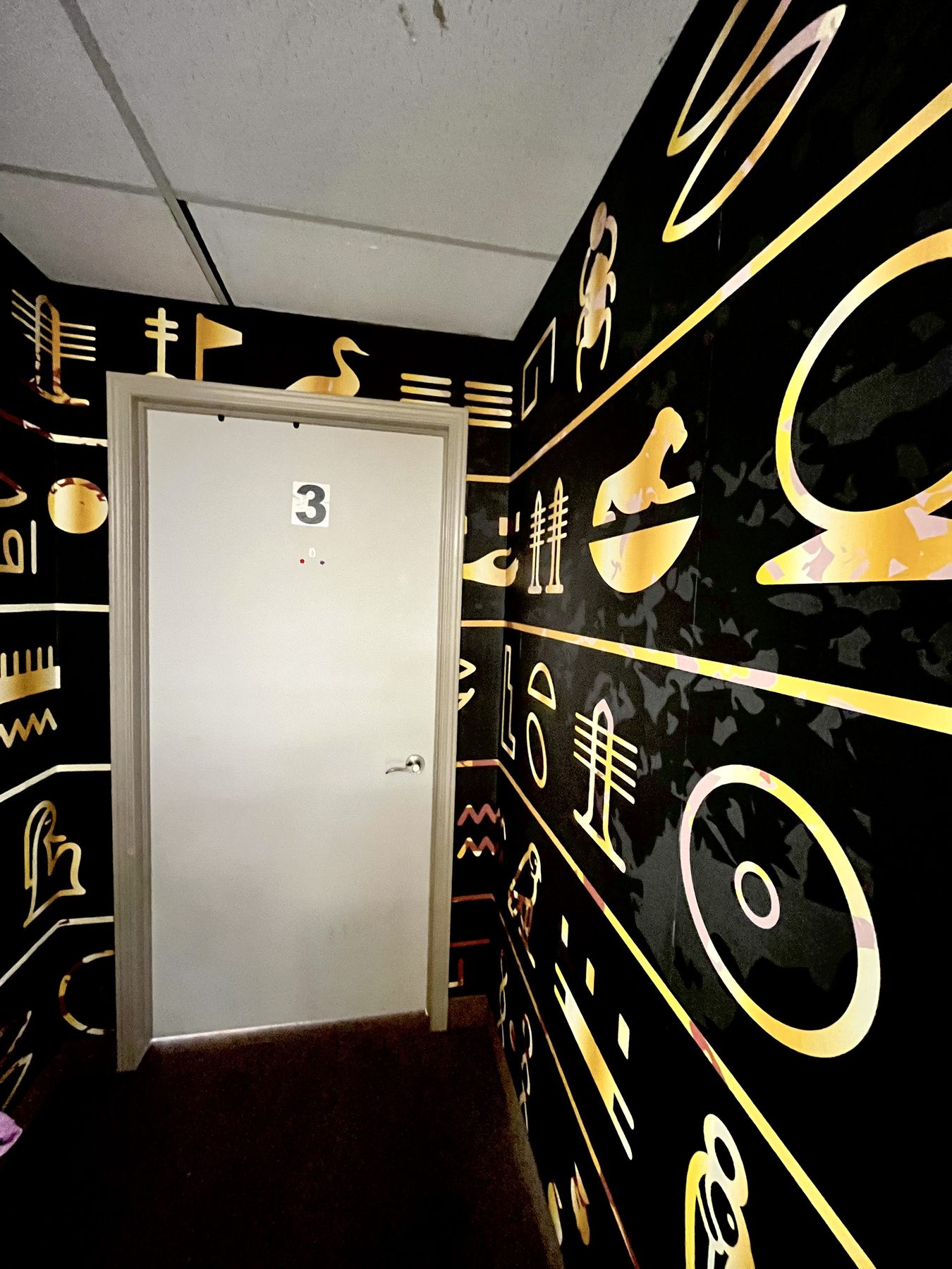 Black and gold pattern wallpaper in a hallway